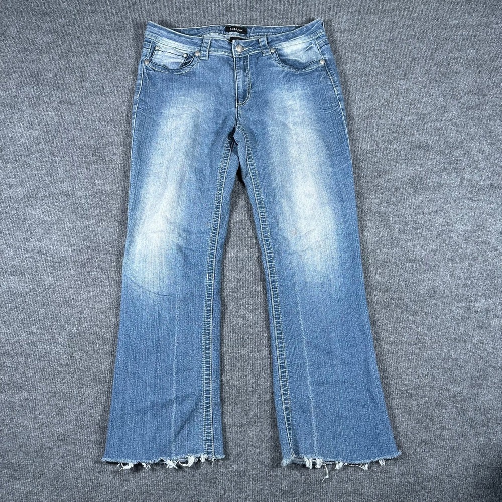 Suko Jeans Denim Pants Womens Size 12 Blue Flare Embellished Raw Hem Stretch